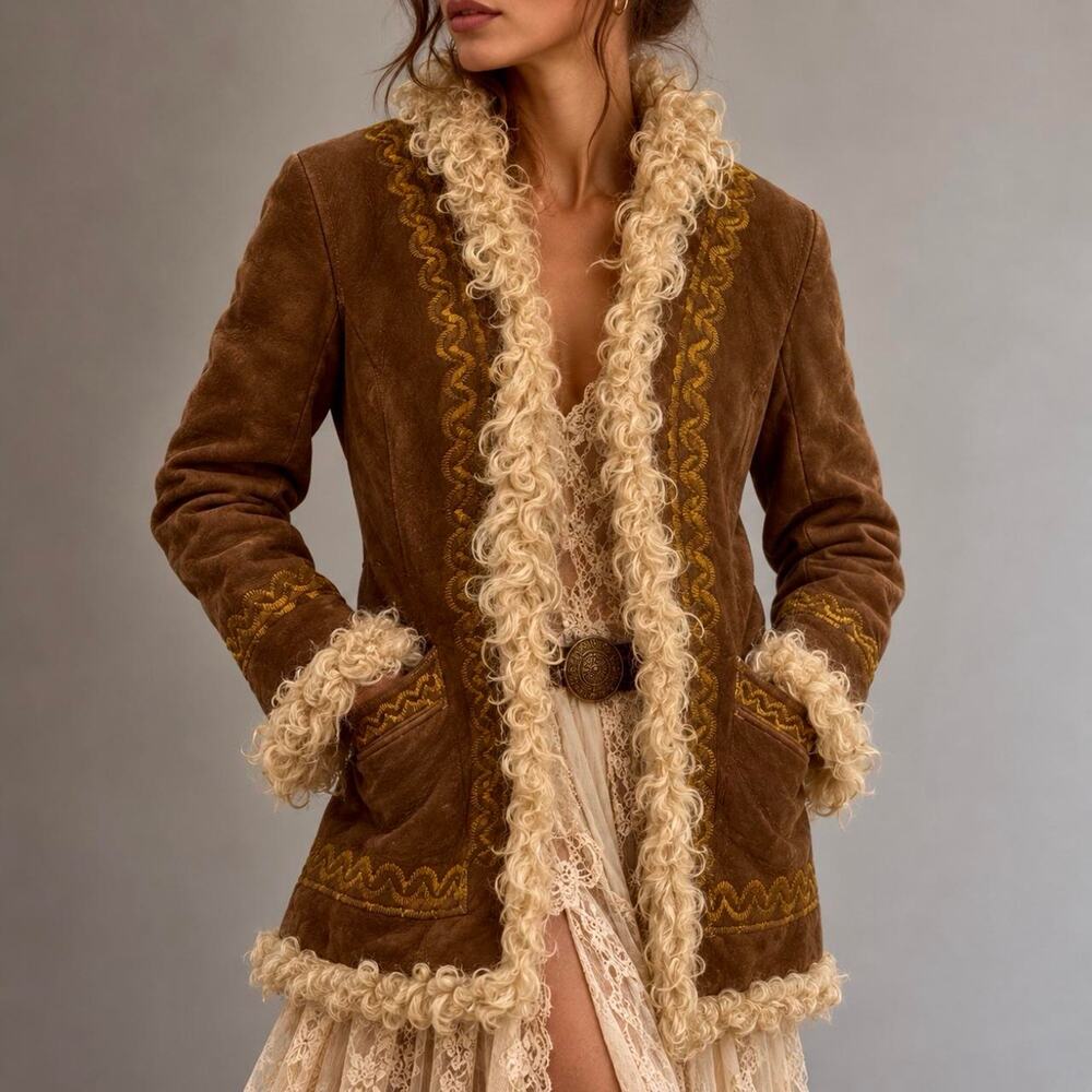 Vintage 70s Boho Embroidered Sheepskin & Shearling Afghan Penny Lane Coat XS/S